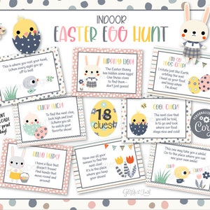 May include: Printable Easter egg hunt game with 18 clues featuring cute bunny and chick illustrations. The cards have a pink, blue, and yellow color scheme with polka dots and stripes. The text on the cards includes phrases like "Hippity Hop!" and "Cool Chick!"