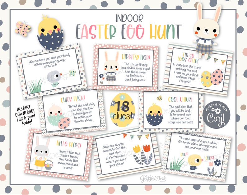 Indoor Easter scavenger hunt for kids / Easter egg hunt clues editable / Easter printable treasure hunt / Easter bunny hunt party games image 2