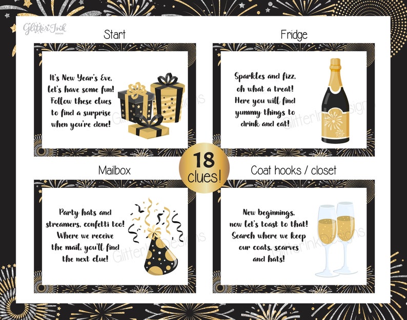 2024 New Years Eve scavenger hunt for kids / New Year's Eve party games / New Year treasure hunt clues printable / nye games for kids adults image 4