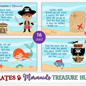 Mermaid and pirate treasure hunt / Mermaid party scavenger hunt clue cards / Pirate party treasure chest hunt clues / Party games for kids image 5