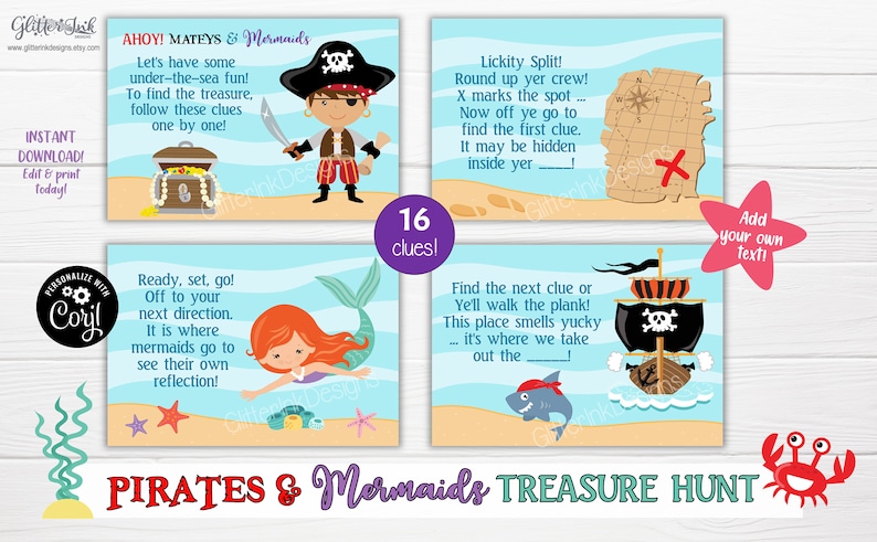 Mermaid and pirate treasure hunt / Mermaid party scavenger hunt clue cards / Pirate party treasure chest hunt clues / Party games for kids image 5