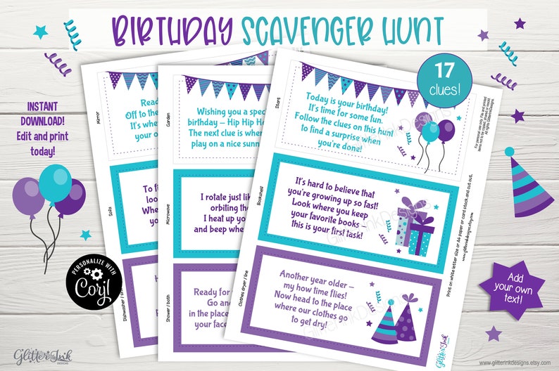 Puede incluir: Una b&uacute;squeda del tesoro de cumplea&ntilde;os imprimible con 17 pistas. Las pistas est&aacute;n impresas en tarjetas de color turquesa y morado con un tema de cumplea&ntilde;os. Las tarjetas presentan globos, sombreros de fiesta y regalos.
