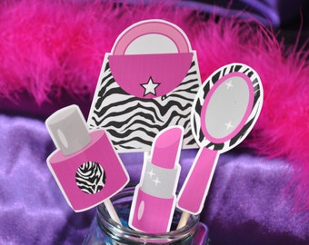 Spa Party cupcake toppers / Hot Pink zebra print centerpiece / Diva birthday photo booth props