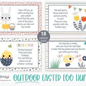 May include: A set of 18 printable Easter egg hunt clues featuring colorful illustrations of a bunny, a chick, and flowers. The text on the cards includes rhymes and riddles for an outdoor Easter egg hunt.
