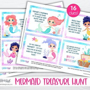 May include: A set of 16 printable mermaid treasure hunt clues featuring colorful illustrations of mermaids and seashells. The clues are printed on a white background with a blue and pink ombre effect. The text on the clues includes phrases like "Do you believe in mermaids?" and "Happy Birthday!"