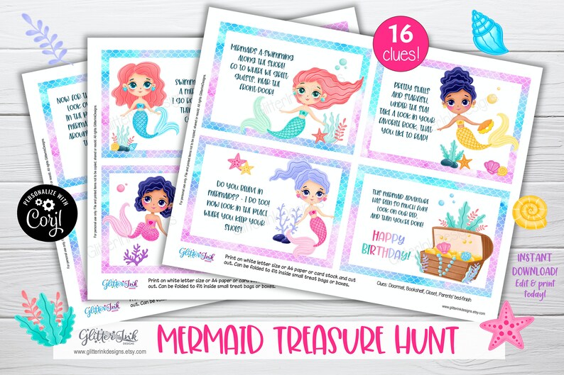 May include: A set of 16 printable mermaid treasure hunt clues featuring colorful illustrations of mermaids and seashells. The clues are printed on a white background with a blue and pink ombre effect. The text on the clues includes phrases like "Do you believe in mermaids?" and "Happy Birthday!"