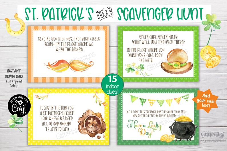 Op de afbeelding: Een set van 15 afdrukbare St. Patrick's Day speurtocht-hints. De hints zijn ge&iuml;llustreerd met aquarelbeelden van klavertjesvier, kabouters en gouden munten. De tekst op de hints bevat zinnen als "Sending some big hugs, and Irish kisses!" en "Have a Lucky Day!"