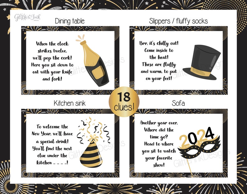 2024 New Years Eve scavenger hunt for kids / New Year's Eve party games / New Year treasure hunt clues printable / nye games for kids adults image 7