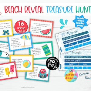Viaggio a sorpresa in spiaggia, caccia al tesoro e carta d'imbarco stampabile, indizi per la caccia al tesoro per bambini in vacanza in famiglia per il viaggio su strada delle vacanze estive