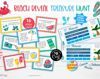 Beach surprise trip reveal scavenger hunt & printable boarding pass / Family vacation kids treasure hunt clues / Summer holiday road trip