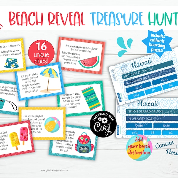 Beach surprise trip reveal scavenger hunt & printable boarding pass / Family vacation kids treasure hunt clues / Summer holiday road trip