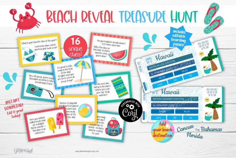 May include: A colorful beach-themed treasure hunt kit with 16 unique clues, editable boarding passes, and the option to personalize with Corjl. Includes illustrations of a crab, watermelon, and beach items.