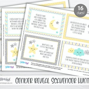 Gender reveal scavenger hunt clue cards for baby shower party games, Neutral nursery printable treasure hunt clues image 9