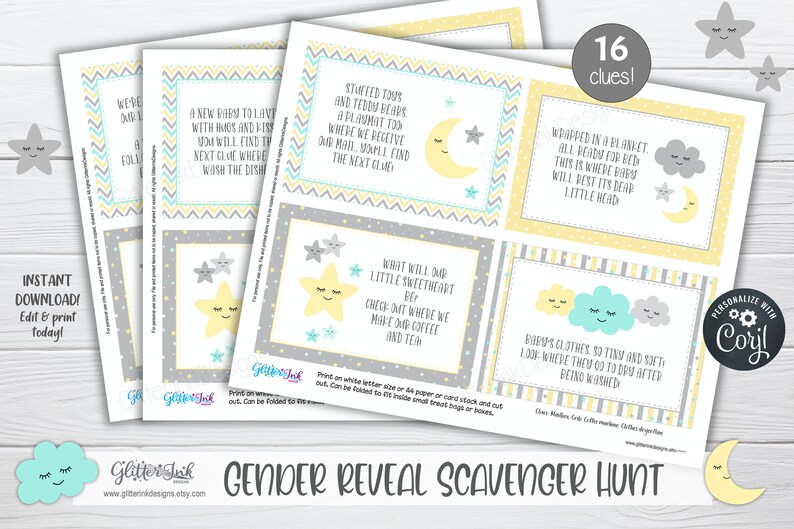 Gender reveal scavenger hunt clue cards for baby shower party games, Neutral nursery printable treasure hunt clues image 9