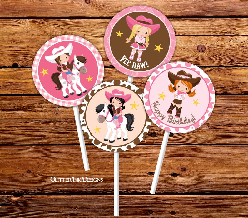 Pink cowgirl party cupcake toppers and wrappers / Wild West printable favor bag tags image 1