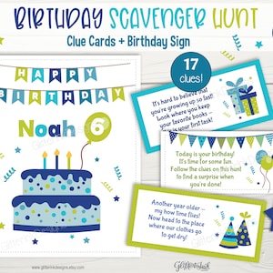 Birthday party scavenger hunt clue cards & sign / Birthday treasure hunt clues for kids / Printable birthday party games - outdoor indoor