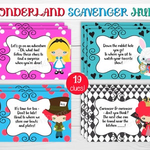 Alice in Wonderland scavenger hunt clue cards / Mad Hatter tea party treasure hunt clues / Indoor outdoor birthday party games for kids