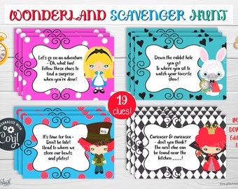 Alice in Wonderland scavenger hunt clue cards / Mad Hatter tea party treasure hunt clues / Indoor outdoor birthday party games for kids