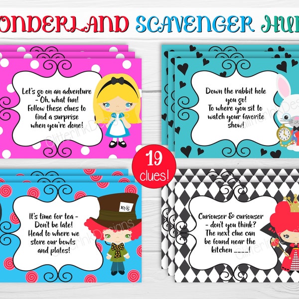 Alice in Wonderland scavenger hunt clue cards / Mad Hatter tea party treasure hunt clues / Indoor outdoor birthday party games for kids