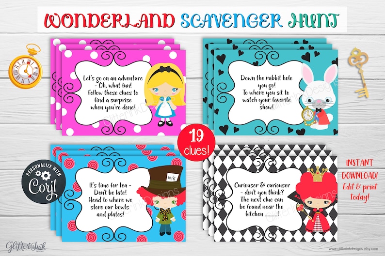 May include: A set of 19 printable scavenger hunt cards featuring characters from Alice in Wonderland. The cards are pink, blue, and black and white with polka dots, hearts, and checkerboard patterns. The text on the cards includes "Wonderland Scavenger Hunt", "Let's go on an adventure", "Down the rabbit hole", "It's time for tea", and "Curiouser & curiouser".
