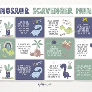Cartões de dicas para jogos de caça ao tesouro de dinossauros, dicas de caça ao tesouro de aventura Roar para crianças, jogos para imprimir de aniversário de dinossauros