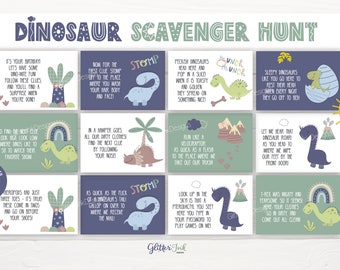 Dinosaur scavenger hunt / Dinosaur kids treasure hunt clues / Dinosaur party game / Dinosaur adventure / Dinosaur birthday printable games
