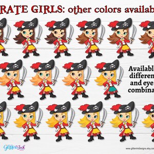 K&ouml;nnte beinhalten: Ein Set mit 18 digitalen Clipart-Bildern von Piratenm&auml;dchen mit verschiedenen Haar- und Augenfarben. Die M&auml;dchen tragen rote Jacken, gelbe R&ouml;cke und schwarze Stiefel. Sie halten Schwerter und tragen Piratenh&uuml;te. Der Text "PIRATE GIRLS: other colors available!" befindet sich oben im Bild. Der Text "Available in 16 different hair and eye color combinations!" befindet sich unten im Bild.
