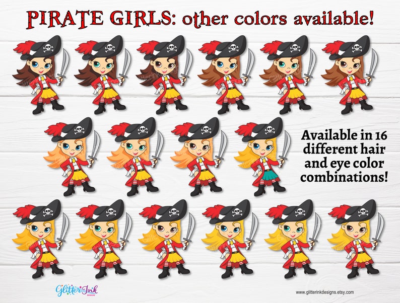 K&ouml;nnte beinhalten: Ein Set mit 18 digitalen Clipart-Bildern von Piratenm&auml;dchen mit verschiedenen Haar- und Augenfarben. Die M&auml;dchen tragen rote Jacken, gelbe R&ouml;cke und schwarze Stiefel. Sie halten Schwerter und tragen Piratenh&uuml;te. Der Text "PIRATE GIRLS: other colors available!" befindet sich oben im Bild. Der Text "Available in 16 different hair and eye color combinations!" befindet sich unten im Bild.
