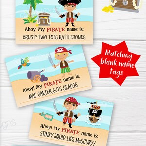 May include: Three printable pirate name tags with colorful illustrations of pirates, treasure chests, and a cannon. The text on the tags reads "Ahoy! My PIRATE name is:" followed by a pirate name. The names are "CRUSTY TWO TOES RATTLEBONES", "MAD GARTER GUTS SEADOG", and "STINKY SQUID LIPS MESCURVY".