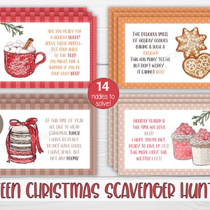 Peut inclure: Un ensemble de 14 cartes de chasse au tr&eacute;sor de No&euml;l imprimables avec des illustrations d'une tasse de chocolat chaud, une pile de macarons, un biscuit au pain d'&eacute;pices et un pot de confiture. Les cartes ont des devinettes &eacute;crites dessus, telles que "&Agrave; cette p&eacute;riode de l'ann&eacute;e, nous aimons entendre des chants de No&euml;l&nbsp;! J'ai des cl&eacute;s mais pas de serrures. J'ai de l'espace, mais pas de pi&egrave;ces." et "L'odeur d&eacute;licieuse des biscuits de No&euml;l en train de cuire est un vrai d&eacute;lice&nbsp;! Cela a beaucoup de dents, mais ne vous inqui&eacute;tez pas, &ccedil;a ne mord pas&nbsp;!"