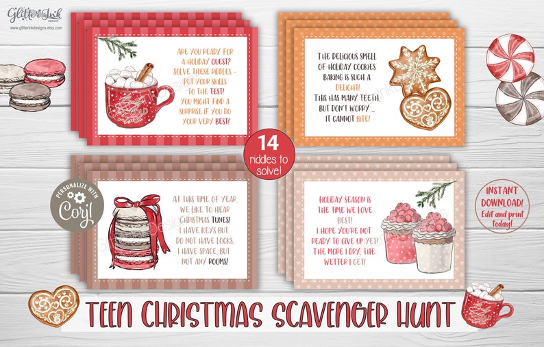 Peut inclure: Un ensemble de 14 cartes de chasse au tr&eacute;sor de No&euml;l imprimables avec des illustrations d'une tasse de chocolat chaud, une pile de macarons, un biscuit au pain d'&eacute;pices et un pot de confiture. Les cartes ont des devinettes &eacute;crites dessus, telles que "&Agrave; cette p&eacute;riode de l'ann&eacute;e, nous aimons entendre des chants de No&euml;l&nbsp;! J'ai des cl&eacute;s mais pas de serrures. J'ai de l'espace, mais pas de pi&egrave;ces." et "L'odeur d&eacute;licieuse des biscuits de No&euml;l en train de cuire est un vrai d&eacute;lice&nbsp;! Cela a beaucoup de dents, mais ne vous inqui&eacute;tez pas, &ccedil;a ne mord pas&nbsp;!"
