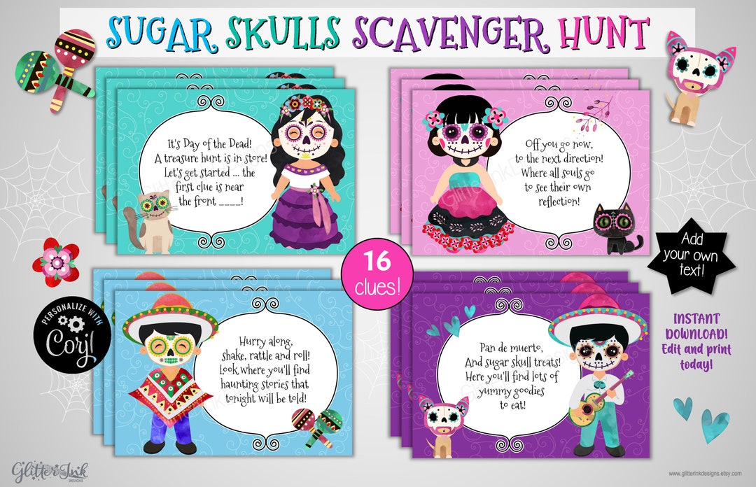 Day of the Dead Scavenger Hunt Clue Cards / Dia De Los Muertos Sugar ...