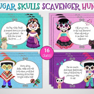 Tag der Toten Schnitzeljagd Hinweiskarten / Zuckerschädel Dia de los Muertos Spurensuche / Halloween Partyspiele - drinnen und draußen