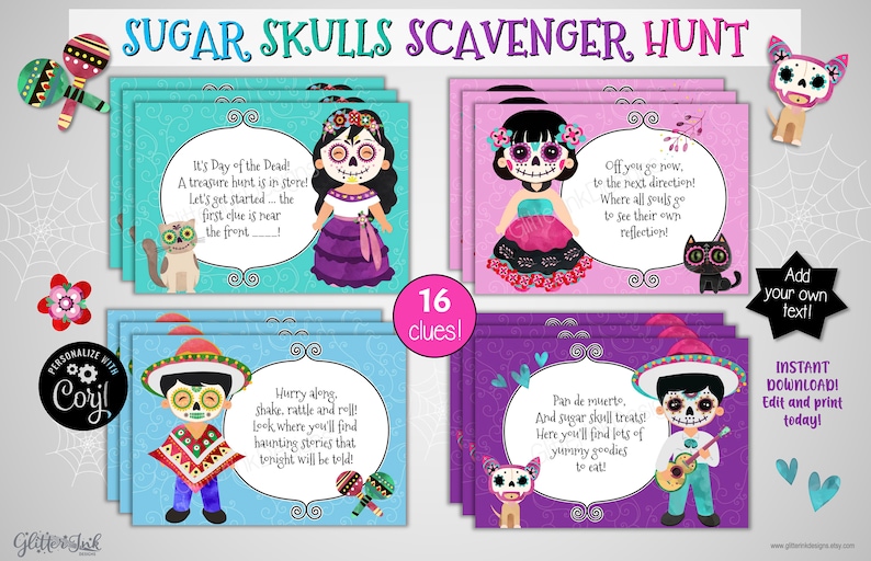 Day of the Dead scavenger hunt clue cards / Dia de los muertos sugar skulls treasure hunt clues / Halloween party games - indoor and outdoor image 1