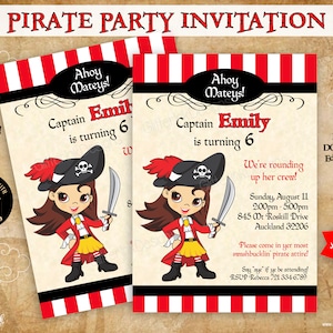 Girl Pirate party printable invitation / Pirate birthday invitation / Editable invite dark brown hair brown eyes instant download Corjl