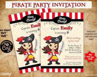 Girl Pirate party printable invitation / Pirate birthday invitation / Editable invite dark brown hair brown eyes instant download Corjl