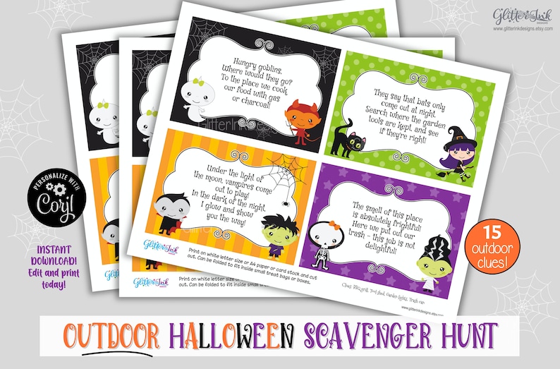 Outdoor Halloween scavenger hunt clue cards / Kids Halloween treasure hunt clues / Printable Halloween party games activity edit with Corjl image 7