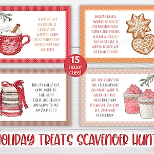 Pode incluir: Um conjunto de 15 cart&otilde;es de ca&ccedil;a ao tesouro de Natal imprim&iacute;veis com ilustra&ccedil;&otilde;es de aquarela de guloseimas de inverno. Os cart&otilde;es apresentam pistas como "Uma x&iacute;cara de chocolate quente &eacute; deliciosa e quente para segurar" e "BRR, est&aacute; frio l&aacute; fora. Entre no calor! Estas s&atilde;o fofinhas e quentes para colocar nos p&eacute;s!"