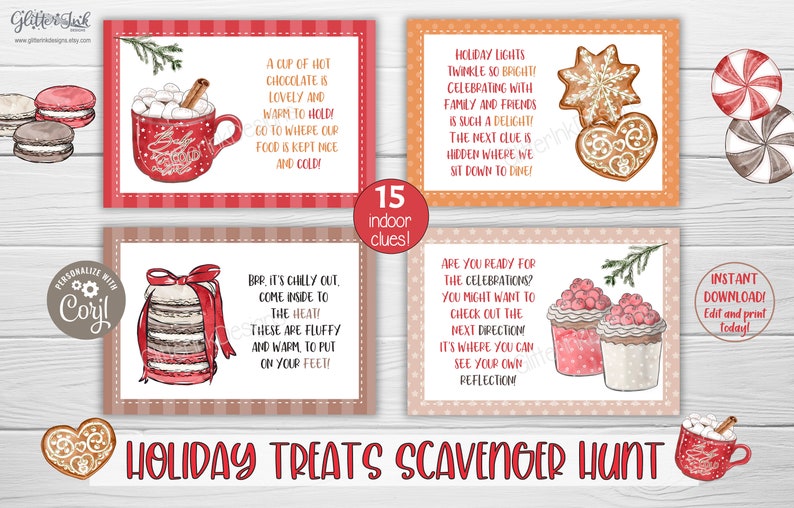 Pode incluir: Um conjunto de 15 cart&otilde;es de ca&ccedil;a ao tesouro de Natal imprim&iacute;veis com ilustra&ccedil;&otilde;es de aquarela de guloseimas de inverno. Os cart&otilde;es apresentam pistas como "Uma x&iacute;cara de chocolate quente &eacute; deliciosa e quente para segurar" e "BRR, est&aacute; frio l&aacute; fora. Entre no calor! Estas s&atilde;o fofinhas e quentes para colocar nos p&eacute;s!"