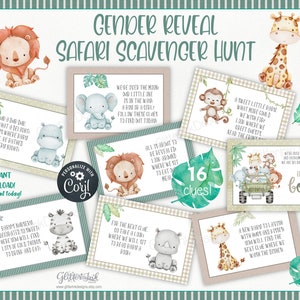 Cartes-indices de chasse au trésor révélées par sexe pour jeux de fête de baby shower, indices de chasse au trésor imprimables d'animaux de safari dans la jungle