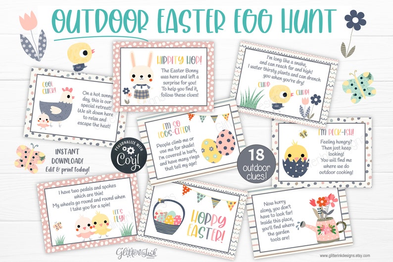May include: A set of 18 printable Easter egg hunt clues featuring cute illustrations of chicks, bunnies, and gardening tools. The clues are written in rhyme and are perfect for an outdoor Easter egg hunt.
