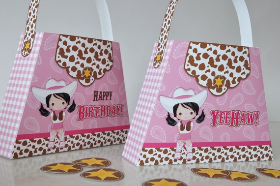 Pink Cowgirl Party printable favor boxes - Wild West party favors with Sheriff badge - Personalized paper purse template Il_570xn