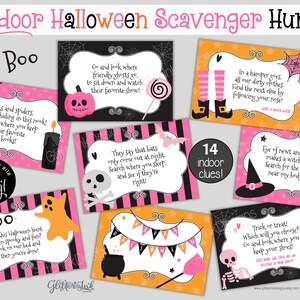 May include: A set of 14 printable Halloween scavenger hunt cards with pink and black stripes, orange and black stripes, and pink and white polka dots. The cards feature various Halloween characters and objects, including bats, ghosts, witches, spiders, and pumpkins. The text on the cards reads "Indoor Halloween Scavenger Hunt" and "14 indoor clues".