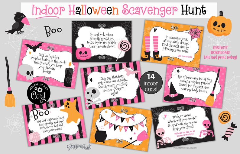 May include: A set of 14 printable Halloween scavenger hunt cards with pink and black stripes, orange and black stripes, and pink and white polka dots. The cards feature various Halloween characters and objects, including bats, ghosts, witches, spiders, and pumpkins. The text on the cards reads "Indoor Halloween Scavenger Hunt" and "14 indoor clues".