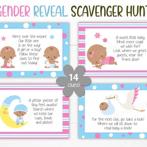 Gender Reveal Scavenger Hunt / Gender Reveal Treasure Hunt Clues ...