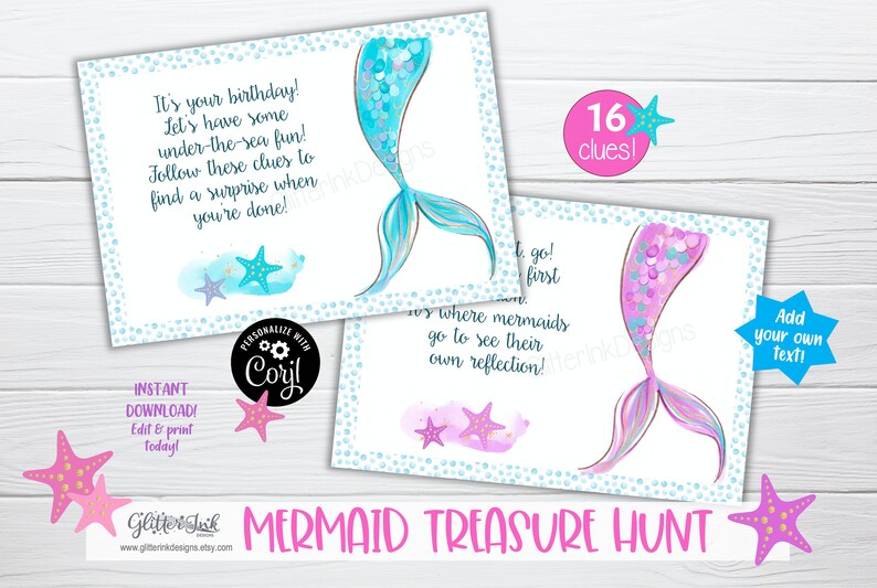 Op de afbeelding: Een printbaar zeemeermin schattenjacht spel met 16 aanwijzingen. De kaarten hebben een blauwe en roze zeemeerminstaart met een glinsterend ontwerp. De tekst op de kaarten luidt "Het is je verjaardag! Laten we wat plezier onder water hebben! Volg deze aanwijzingen om een verrassing te vinden als je klaar bent!" en "16 aanwijzingen!"