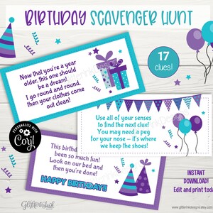 Puede incluir: Una b&uacute;squeda del tesoro de cumplea&ntilde;os imprimible con 17 pistas. Las pistas est&aacute;n escritas en tarjetas coloridas con acentos morados y azules. Las tarjetas presentan estrellas, globos y sombreros de fiesta. El texto en las tarjetas dice "&iexcl;Ahora que tienes un a&ntilde;o m&aacute;s, este deber&iacute;a ser un sue&ntilde;o! &iexcl;Doy vueltas y vueltas, y luego tu ropa queda limpia!" y "&iexcl;Usa todos tus sentidos para encontrar la siguiente pista! &iexcl;Es posible que necesites una clavija para tu nariz: ah&iacute; es donde guardamos los zapatos!"