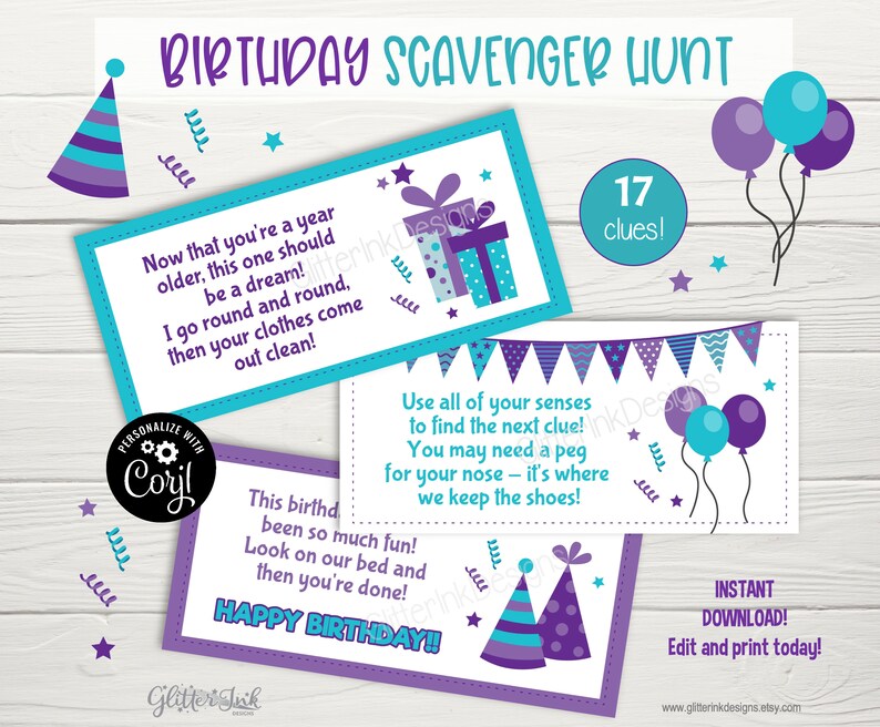 Puede incluir: Una b&uacute;squeda del tesoro de cumplea&ntilde;os imprimible con 17 pistas. Las pistas est&aacute;n escritas en tarjetas coloridas con acentos morados y azules. Las tarjetas presentan estrellas, globos y sombreros de fiesta. El texto en las tarjetas dice "&iexcl;Ahora que tienes un a&ntilde;o m&aacute;s, este deber&iacute;a ser un sue&ntilde;o! &iexcl;Doy vueltas y vueltas, y luego tu ropa queda limpia!" y "&iexcl;Usa todos tus sentidos para encontrar la siguiente pista! &iexcl;Es posible que necesites una clavija para tu nariz: ah&iacute; es donde guardamos los zapatos!"