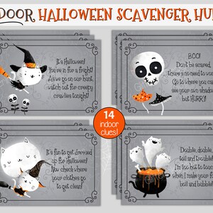 May include: A set of 14 printable Halloween scavenger hunt cards featuring cute illustrations of cats, ghosts, and a skull. The cards are designed with a gray background and black borders. The text on the cards includes phrases like "It's Halloween!" and "Double, double, toil and trouble!"
