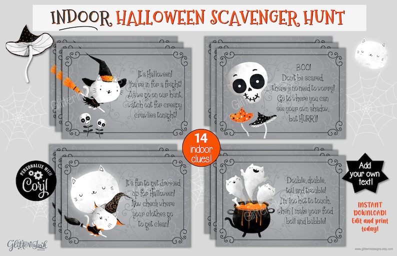 May include: A set of 14 printable Halloween scavenger hunt cards featuring cute illustrations of cats, ghosts, and a skull. The cards are designed with a gray background and black borders. The text on the cards includes phrases like "It's Halloween!" and "Double, double, toil and trouble!"
